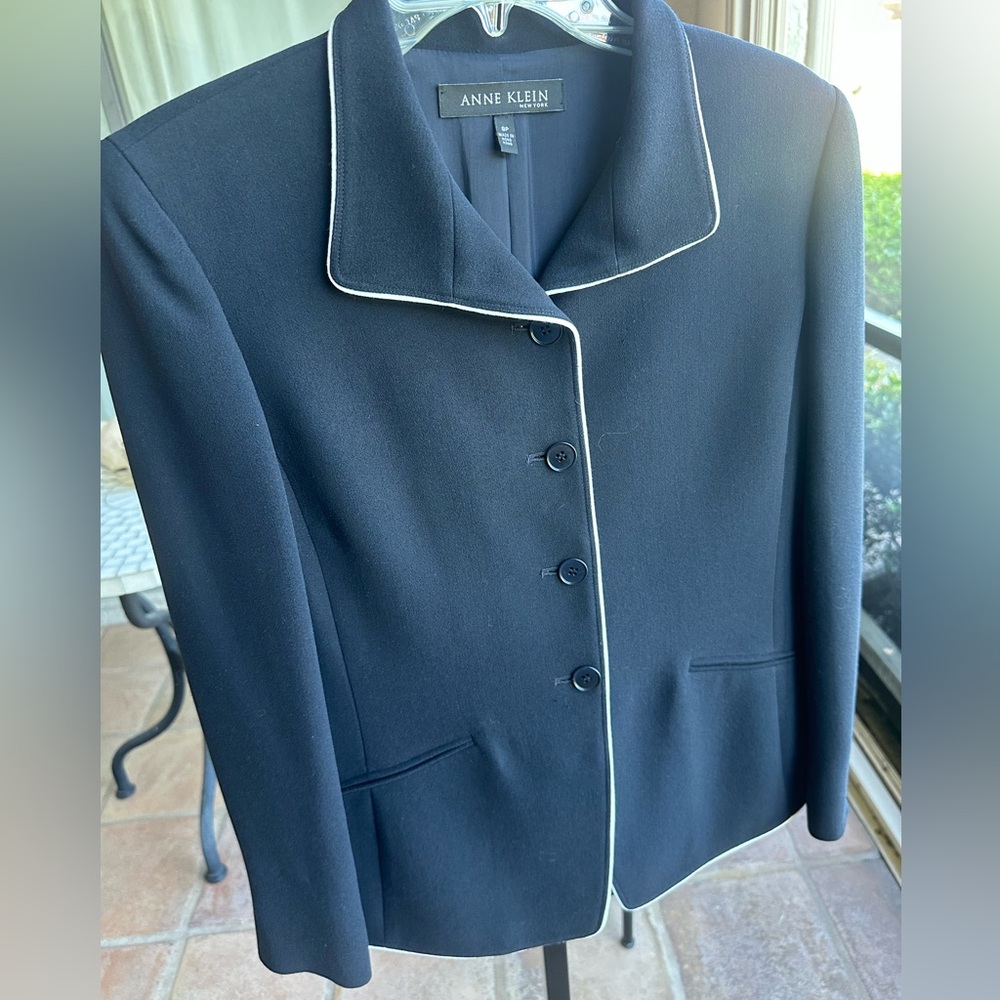 VINTAGE Anne Klein Navy Blue White Trim Blazer Classic Suit Jacket Nautical 8P
